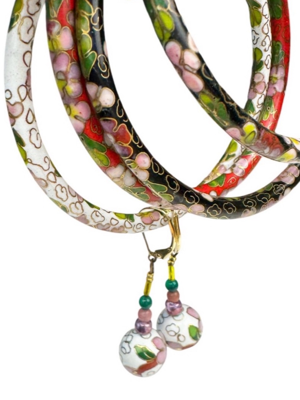 14K Set: Gold Cloisonné Drop Earrings and 4 Bangles